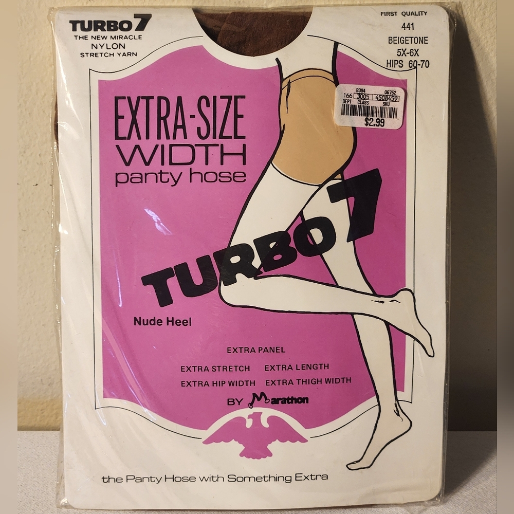 Vintage Turbo 7 By Marathon Panty Hose 5x-6x Beigetone 411 Extra-Size Width Seal
